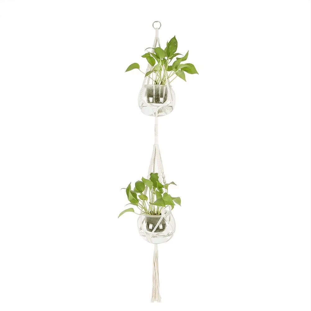 Macrame vægophæng planteophæng planteophæng håndstrikning naturlig snor planteophæng kurv planteholder: 2