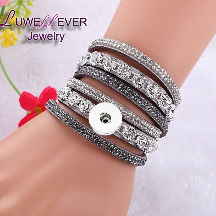 Verwisselbare Crystal 086 Steentjes Fluwelen Lederen Armband 18mm Drukknoop Sieraden Charm Bangle Voor Vrouwen 39cm: gray