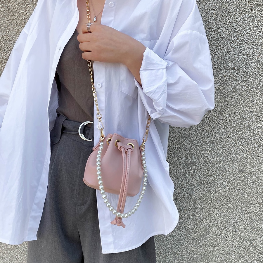 Dames mini emmertas parel handtas pu leer effen kleur ketting schoudertassen kleine schattige dames crossbody handtas