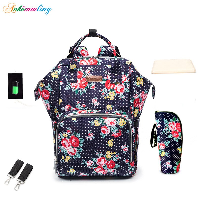 Ankommling Stijl Gemengde Kleuren Mother 'S Bag Multi-Functionele Grote Capaciteit Schouder Mama Tas Usb Rugzak: Polka Dot Flower