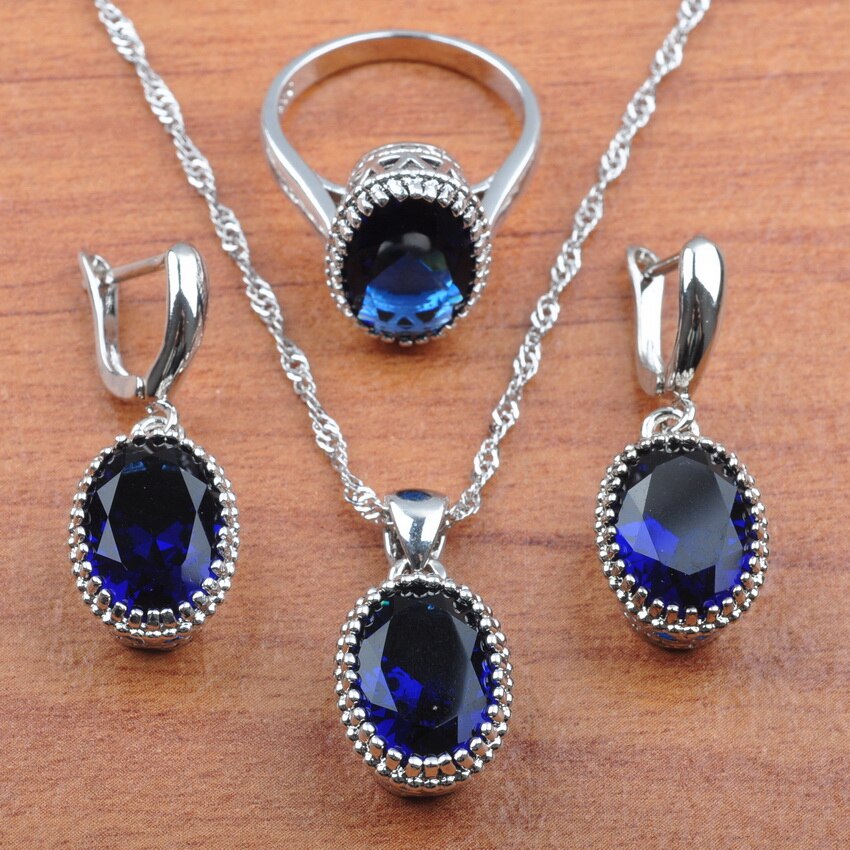 Blauw Ei Kristal Verzilverde Bruids Sieraden Sets Voor Vrouwen Bruiloft Sieraden Oorbellen Ketting Hanger Ringen Armband Set JS0193