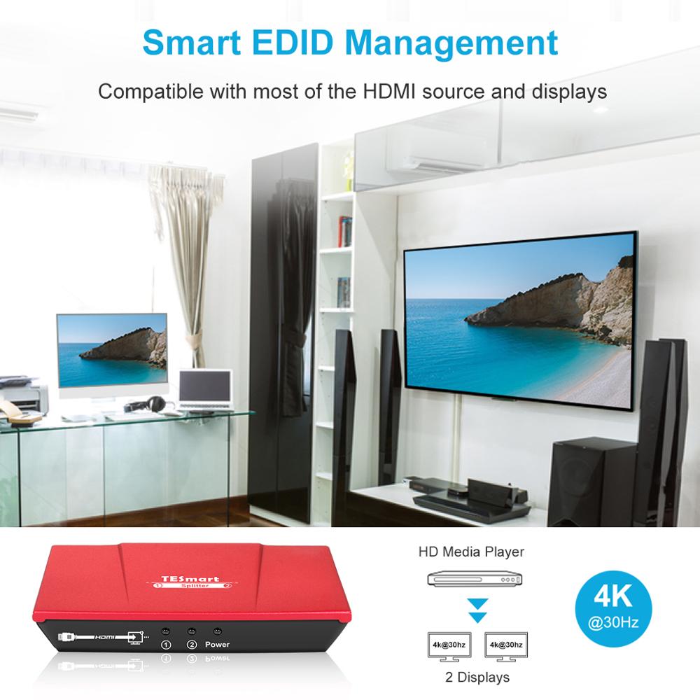 TESmart Mini 2 Port HDMI 1x2 Powered Amplifier Splitter Dual Display with Full HD 4K,1080P, 3D,HDCP, Deep Color,Red