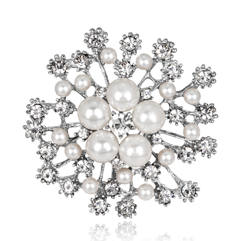 Nuevos broches brillantes de flores de sol para mujer, broche de lujo con perlas grandes y diamantes de imitación, alfileres, joyería, accesorios para traje, de boda: PLATEADO