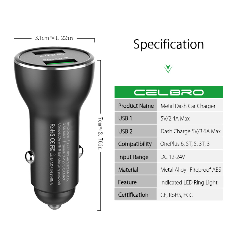 Oneplus-cargador de Metal con doble USB para coche, dispositivo móvil OnePlus 7 Pro 7T 6T 6 5T 5 3T 3 Warp Charge 30 Original One Plus Nord 8 8T Pro 5g