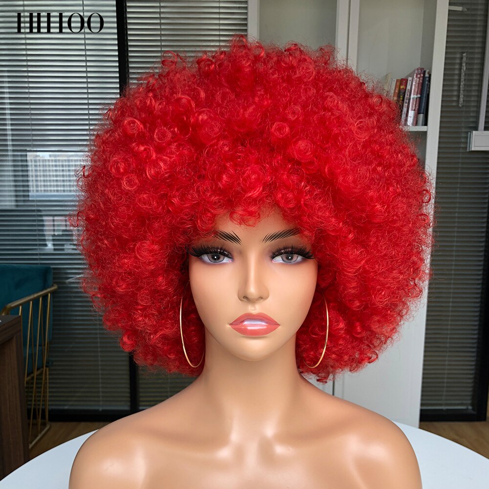 Peluca Afro rizada de pelo corto con flequillo para mujer, peluca sintética rosa para Cosplay, color negro, azul, rojo y marrón para Halloween: P4 / 24