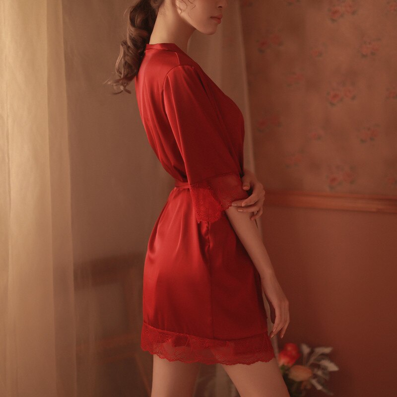Home Wear Night Coat Women Nightgown Ladies Lace Sleepwear Silk Night Sleeping Dress Set Female