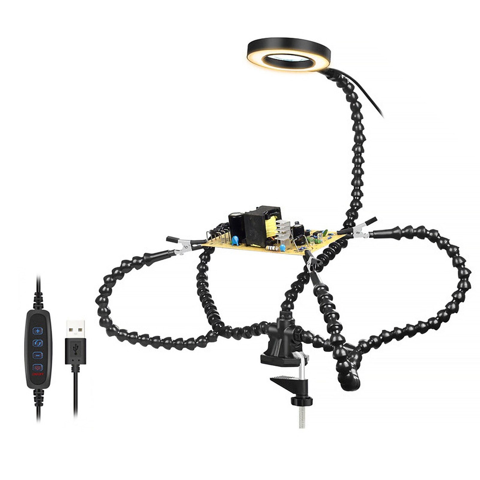 Table Clamp Soldering Helping Hand Third Hand Tool Soldering Station USB 3X Illuminated Magnifier Welding Repair Tool: BLACK