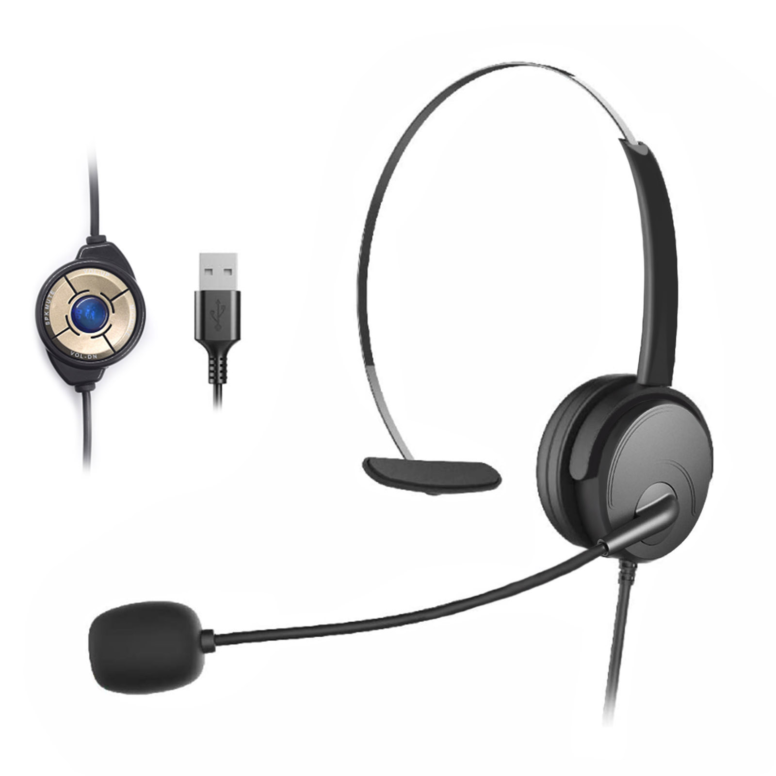 Single Ear Headset USB Headphones Head-mounted Computer Headphone Ear Call Center Headsets with in-Cord Volume Control