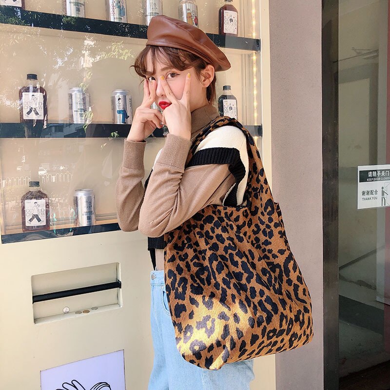 Dames corduroy schoudertassen met luipaardmotief, dames casual canvas handtassen, herbruikbare grote capaciteit dames boodschappentas strandtas