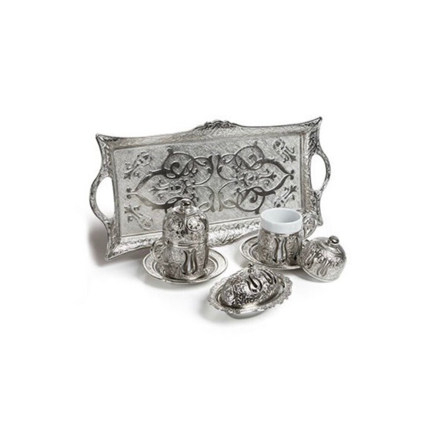 Ottoman Motif 2'li Turkish coffee Set-Silver