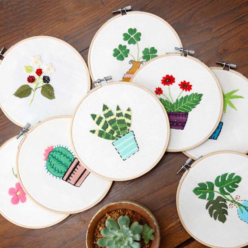 Simple Plant Flower Embroidery Kits for Beginner with 15cm Bamboo Hoop Flower Pattern Needlework Cross Stitch Swing Painting