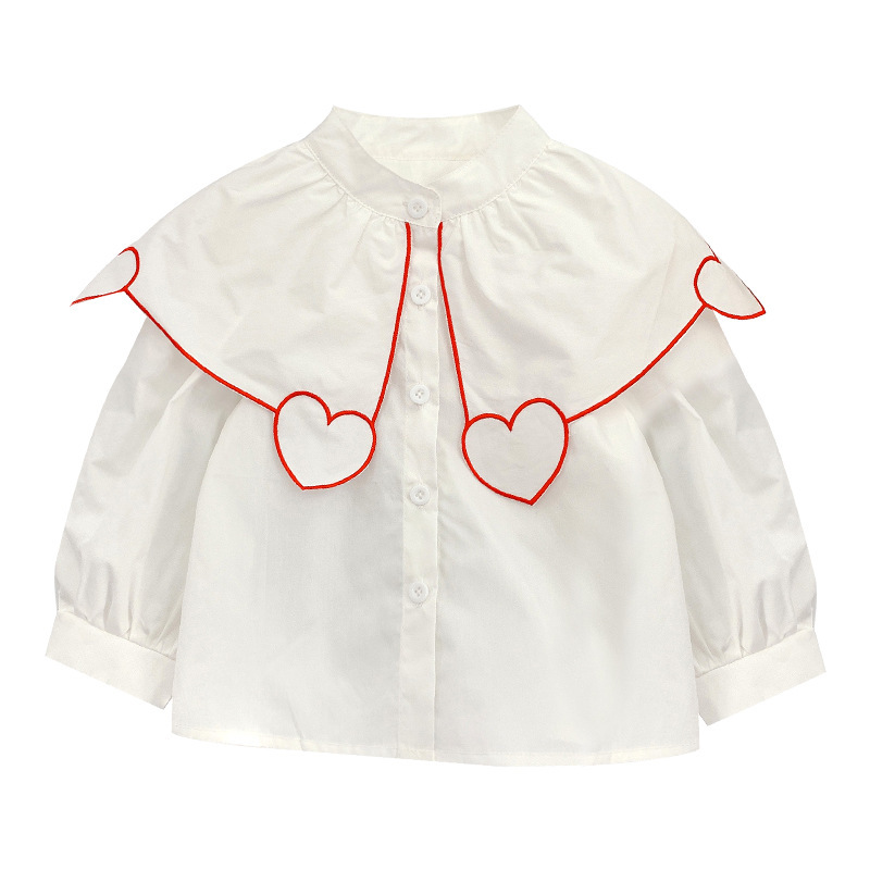 Blusa blanca con bordado de corazón para niños, ropa básica ancha con cuello vuelto, 2 años