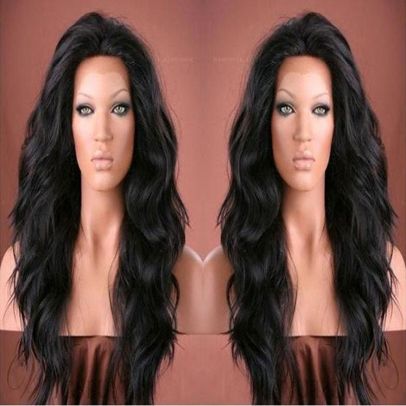 Bombshell sort nautral wave syntetisk hår blonder front paryk varmebestandigt fiber hår naturlig hårgrænse fri afsked til kvinder paryk