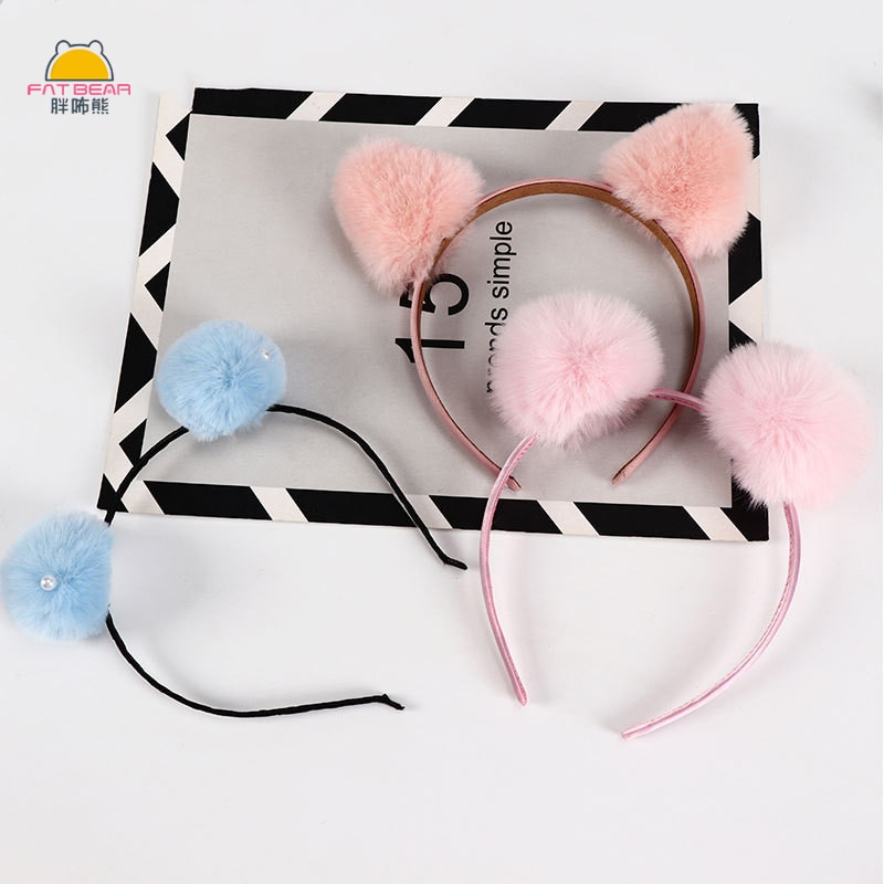 Cute Baby Solid Pom Cat Ears Hair Bands Candy Color Fluffy Pompom Ball For Girls Kids Unicorn Headband Headwear Hair Accessories