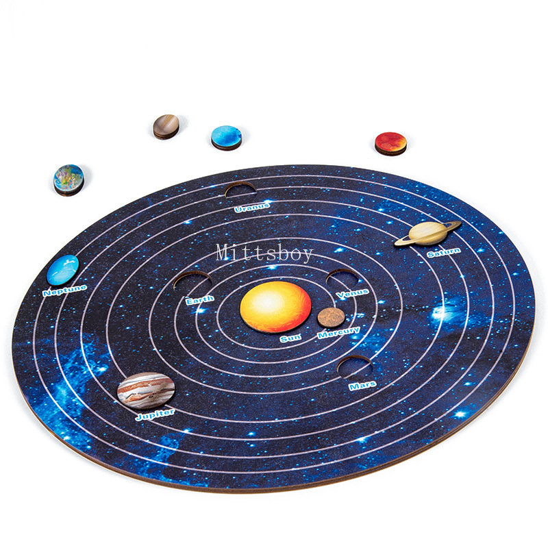 Juguetes de educación temprana de madera Montessori para bebé, rompecabezas 3D de ocho planetas, juguete cognitivo del universo, sistema Solar, tablero a juego de planetas: Caqui oscuro