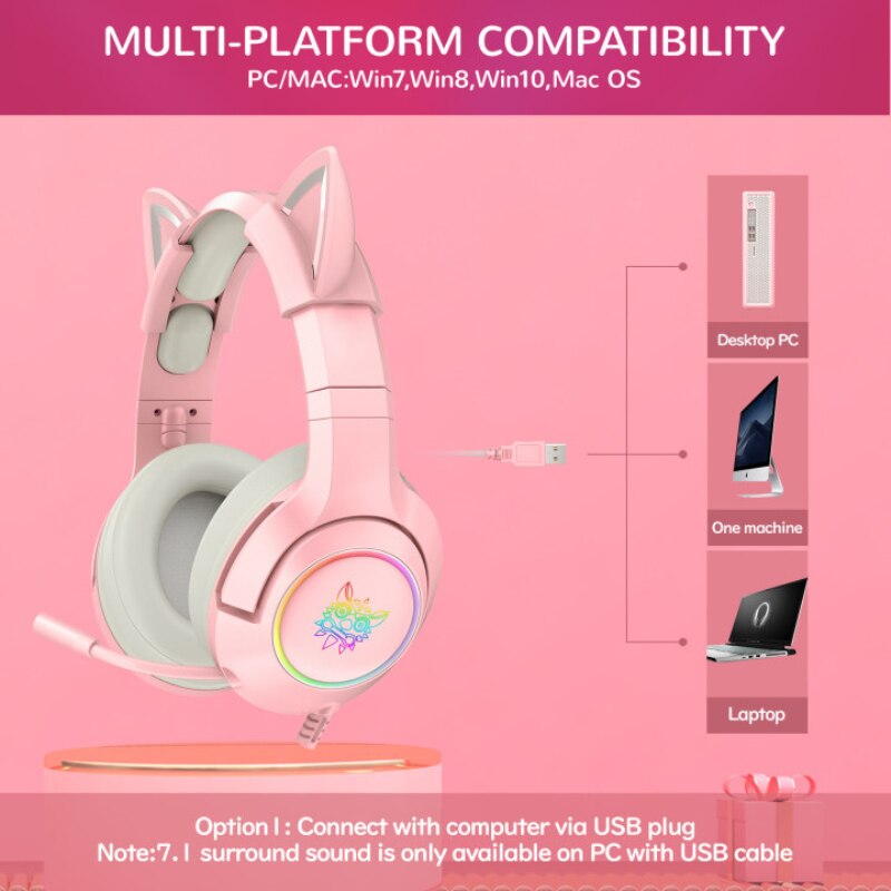 Onikuma K9 Pink Cat Ear Headset Headset Cute Girl Heart Gaming Gaming Headset Comfortable Leather Earmuffs Cat Ears Girl Headset