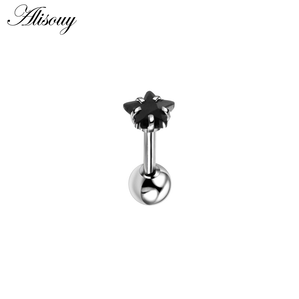 Alisouy 2pcs Star Prong set Zircon Ear Cartilage Piercing Tragus Helix Studs Piercing 1.2x6x4/4mm Stainless Steel girl Earrings: Black