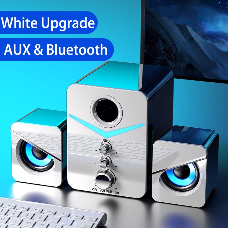 LED Computer Speaker 4D Surround Sound Mini Subwoofer Music Speaker for Laptop Notebook PC Phone Stereo Bluetooth Loudspeaker: D221 White Bluetooth