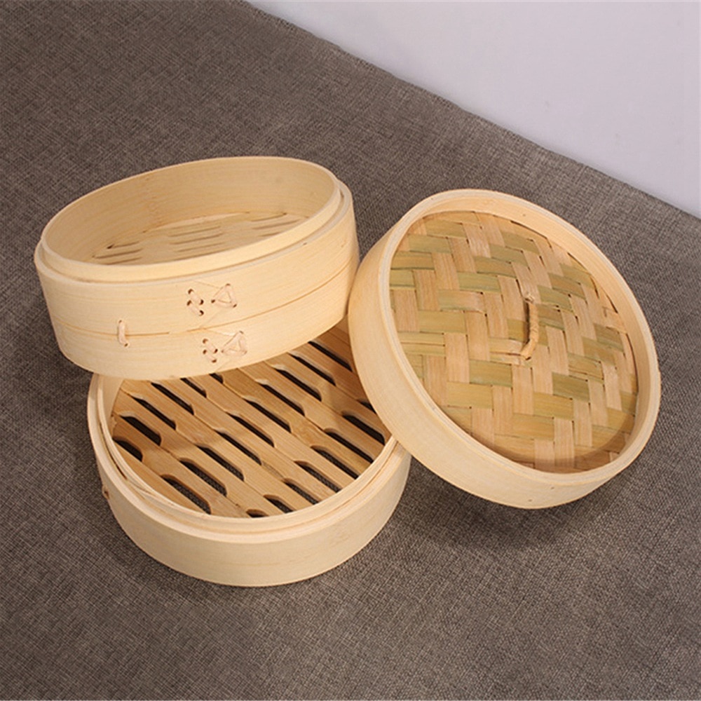 Vaporera china de bambú con tapa, utensilio de cocina de 10/15/20cm, escurridor para pescado, arroz y verduras