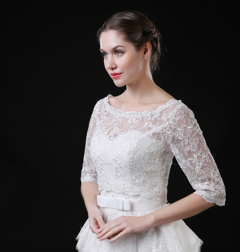 Weiße, elfenbeinfarbene brautjacken mit halben ärmeln und spitze, hochzeitsumhänge, applikationen, brautboleros, wickel auf Lagerbier