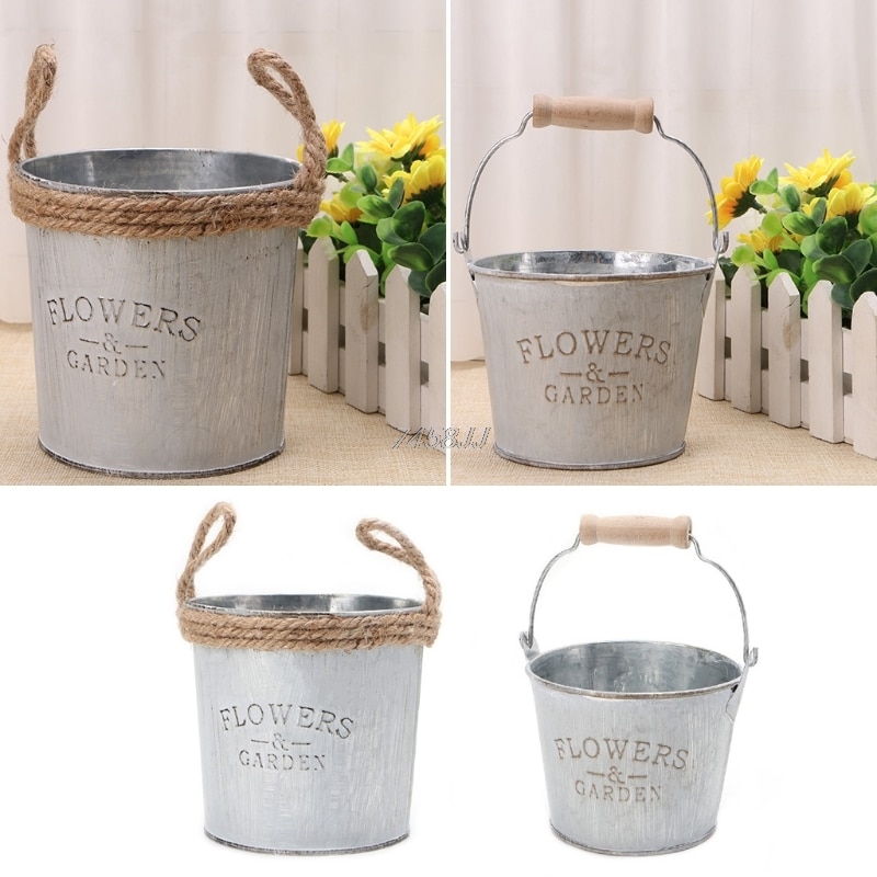 Vintage galvaniserad metall järn blomma trädgård shabby vas kruka fat planter dekor skrivbordet blommor vas för heminredning