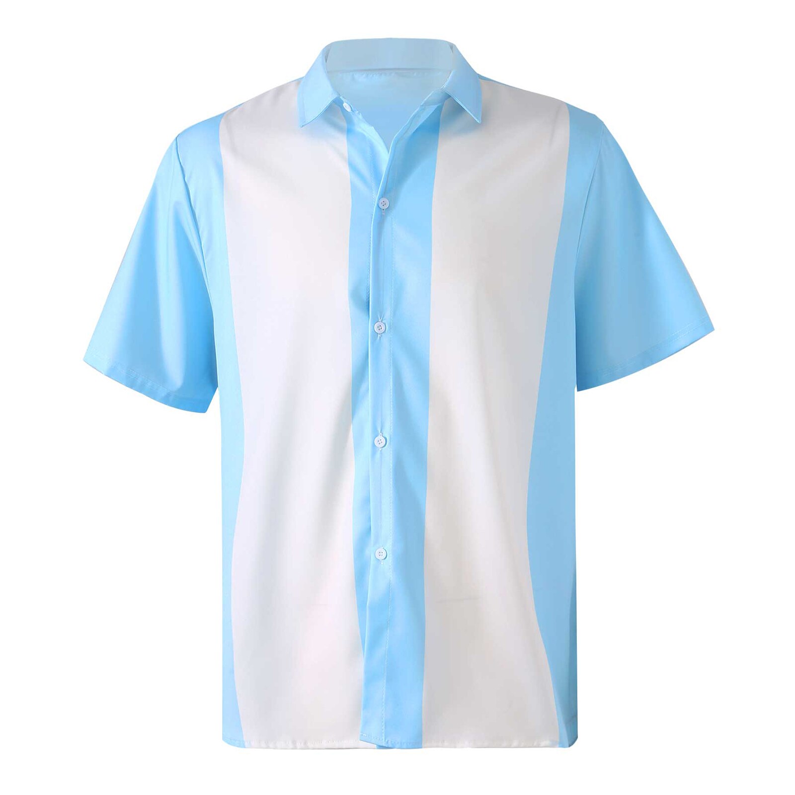 Chemises de Bowling rétro à manches courtes pour hommes, vêtements Vintage décontractés à boutons et à rayures, Rockabilly des années 50: Light Blue / XXXL