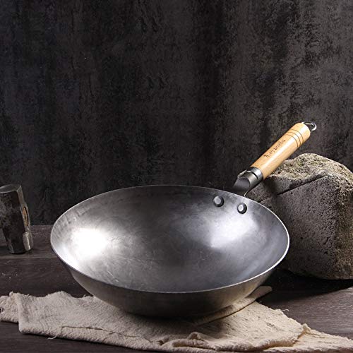 Håndsmedet jernwok, erhverv kinesisk traditionel wokpande husholdnings køkken køkkengrej med træhåndtag, ingen dampe, non-stick: Uden øre / 32cm