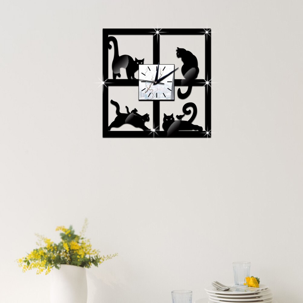 Gato preto 3d cristal espelho relógio de parede quartzo sala de estar decorativo relógio de parede adesivo de parede decoração da sua casa 28x28cm