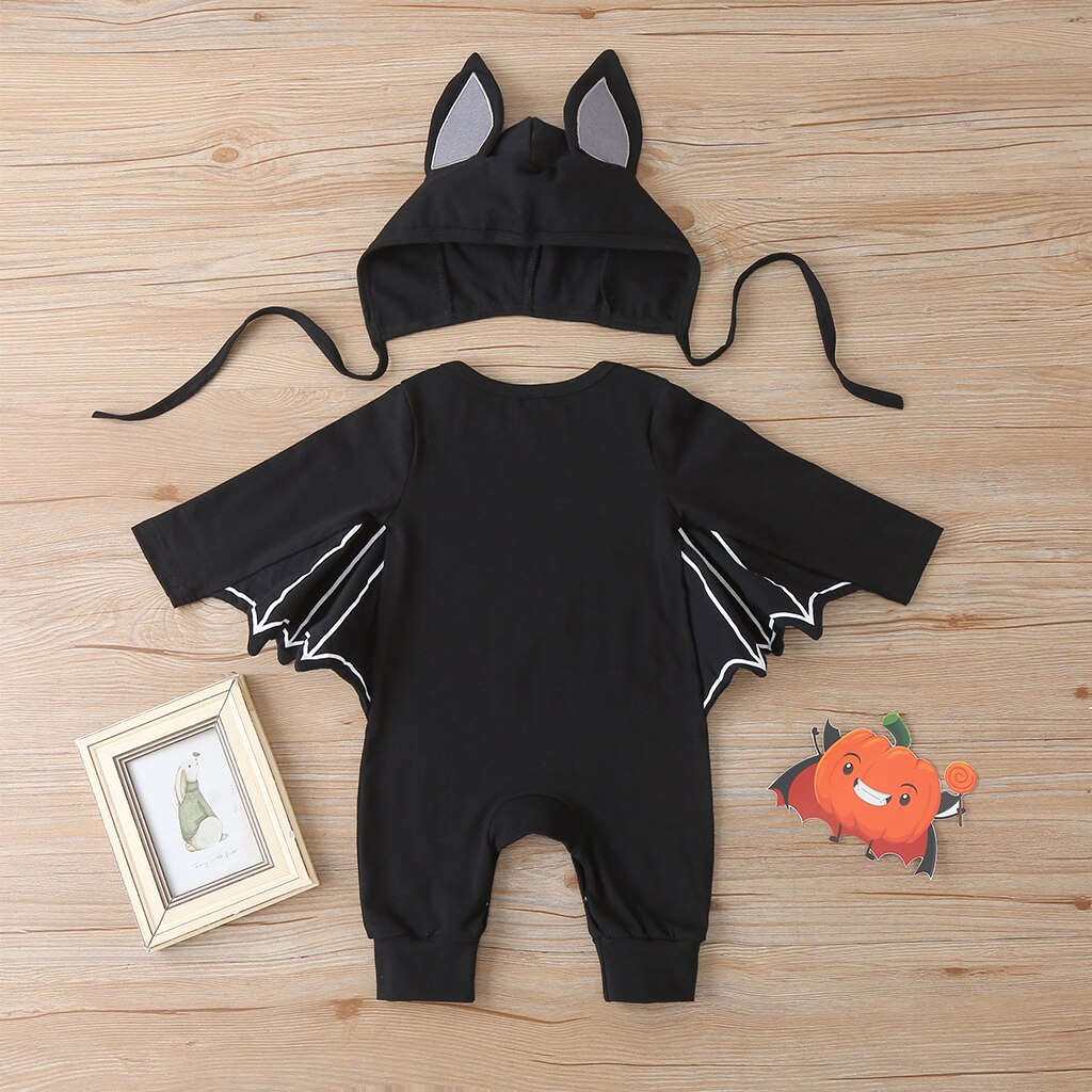 costume di Halloween Del bambino Ragazzi Pagliaccetto Nero Del Manicotto Del Batwing Del Collare Rotondo Zucca Stampato Stampa Tuta Vestiti di Festa 0-24mesi