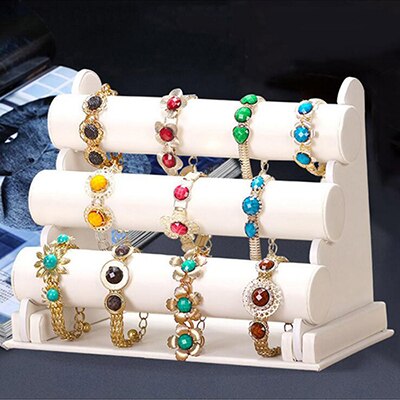 Portable Velvet Bracelet Bangle Necklace Jewelry Display Stand Holder Watch Jewelry Organizer T-Bar Rack: Three white leather