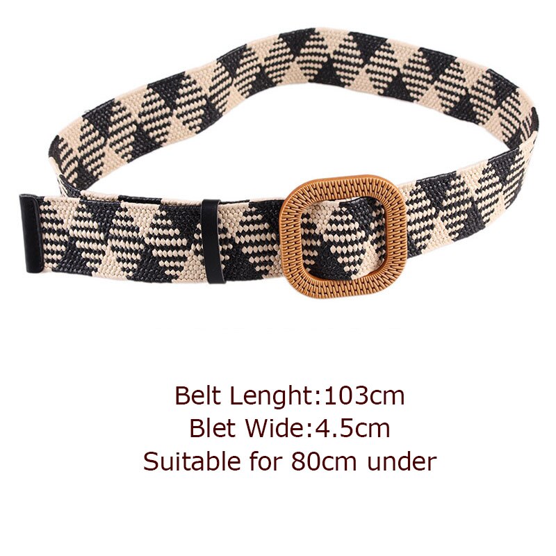 Vintage Knitted Wax Rope Wooden Bead Waist Rope Women Smooth Buckle Belt Woman Woven Female Elastic Braided Belt BZ48