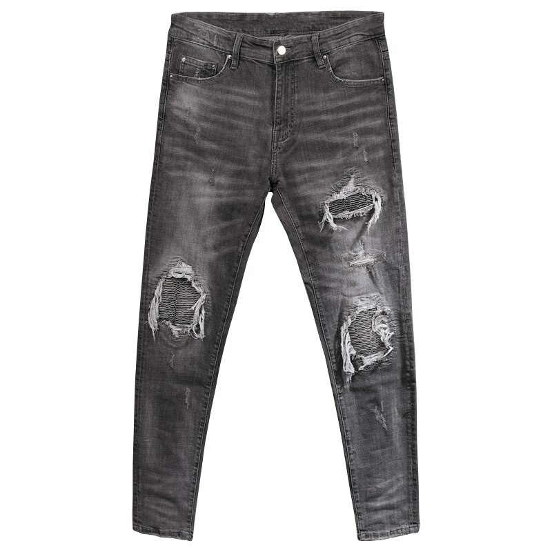 American streetwear mænd jeans retro grå vask slim fit elastisk flået jeans mænd patches hip hop jeans homme