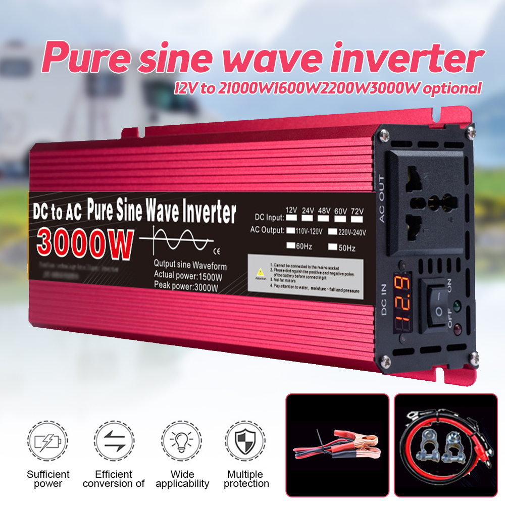 Inversor de onda sinusoidal pura DC12V a AC220V 1000W 1600W 2000W 3000W, convertidor de Banco de energía portátil, transformador de inversor montado en coche