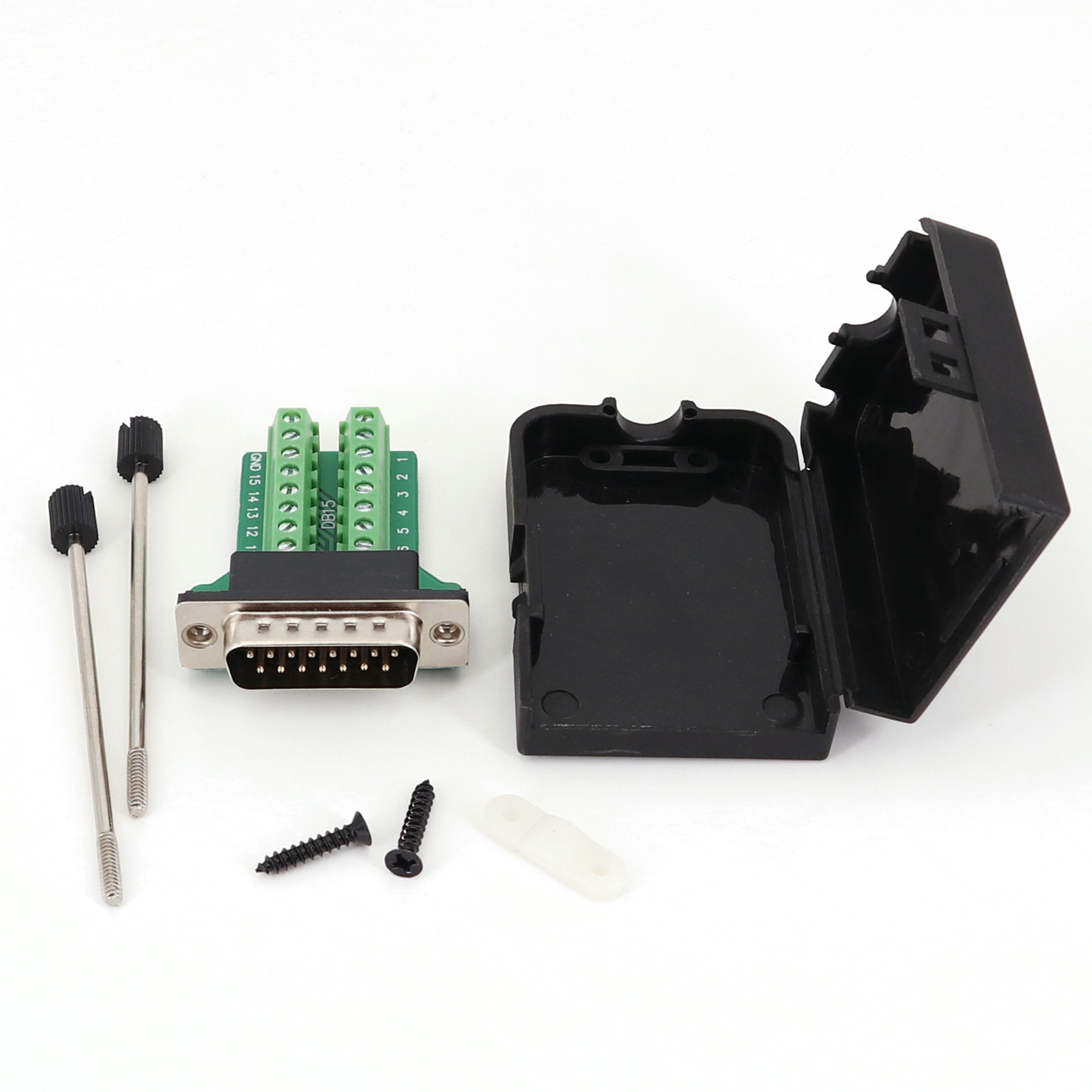 DB15 Male / Female 2 Row 15Pin Plug Breakout Terminals Board Connector with Black Plastic Cover