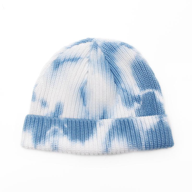 Unisex Autumn Winter Tie-Dye Ribbed Knitted Hat Soft Cuffed Short Melon Cap Men Women Sailor Style Beanie Hat: Blue