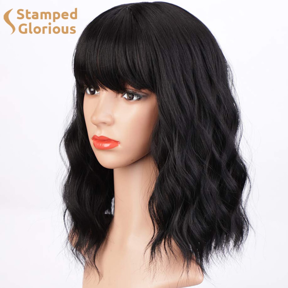 Stamped Glorious Bob Wig Black Synthetic Short Wavy Wig with Bangs Heat Resistant Fiber African American wigs for Women