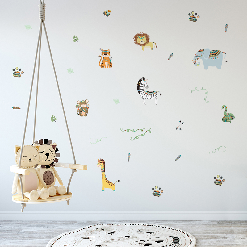 Tofok Ins adhesivos de pared de animales tribales creativos DIY estilo indio niños sala de estar TV sofá Fondo calcomanía Casa o guardería Decoración