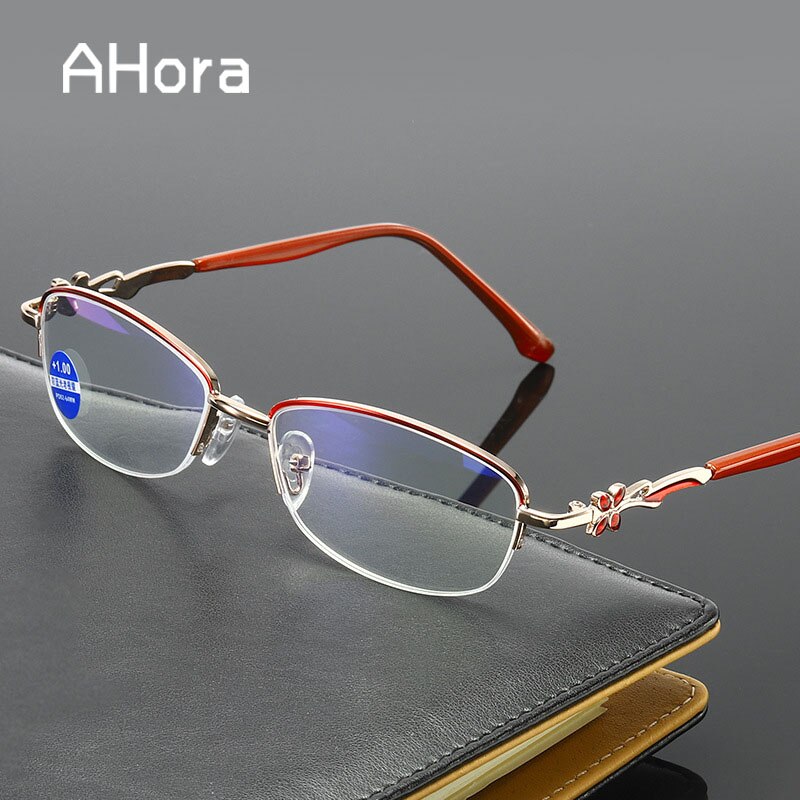 Ahora anti-blå lys blomst læsebriller kvinder halv ramme prebyopia briller hyperopia briller  +1.0+1.5+2.0+2.5...+4.0: 0