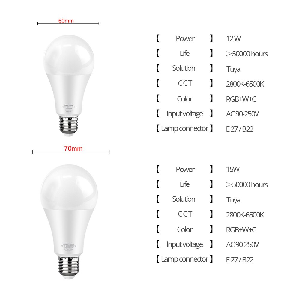 Avatto tuya 12w 15w wifi smart lyspære , e27 rgb led lampe som kan dimmes med smart life app, stemmekontroll for google home, alexa