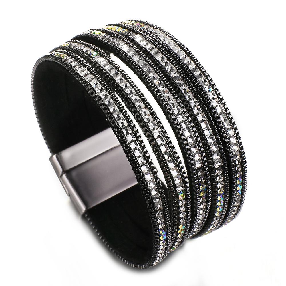 ALLYES Boho mehrschichtig Schwarz Leder Armbänder für Frauen Strass Bunte Kristall glänzend Breite wickeln Armbinde Party Verein Schmuck