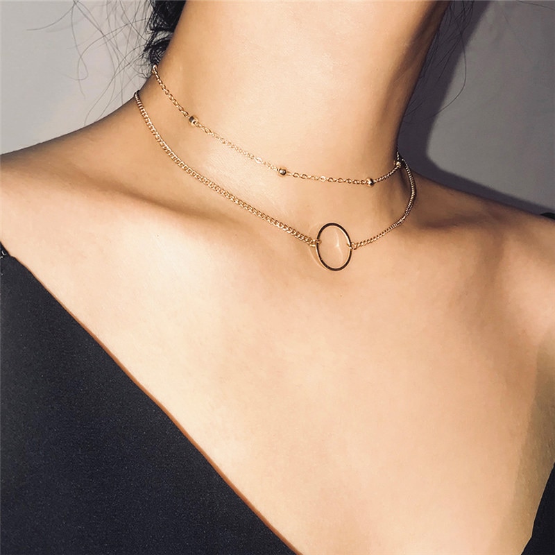 Modern Choker Necklace Women Two Layers Round Necklaces Gold Color Necklace Choker Neck Jewelry