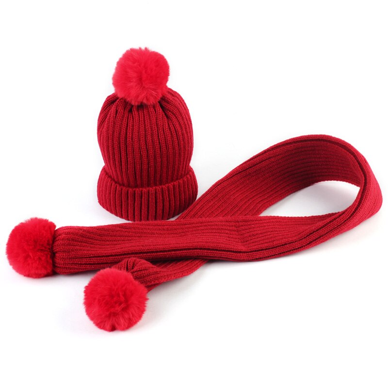 Geebro børnehue og tørklæde sæt vinter varm strikket slouchy beanie hat med pels pompon til drenge og piger dobbelt pompon tørklæde: Rød
