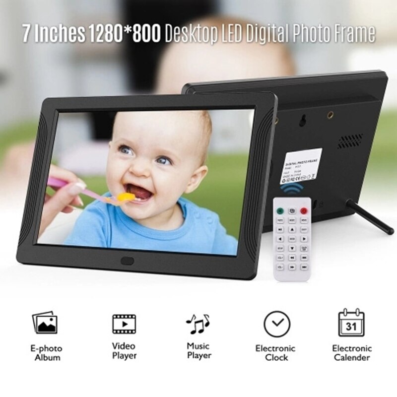 7 Inch LED Digital Photo Frame Desktop Electronic Album 1280x800 HD 16:9 Display Supports Music/Video/Photo Player/Alarm Clock/C