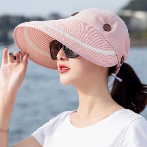 Solhatte kvinder stor bred skygge floppy sommer strand solhat kasket knap stråhat sommerhatte til kvinder anti-uv visir: Farve 2