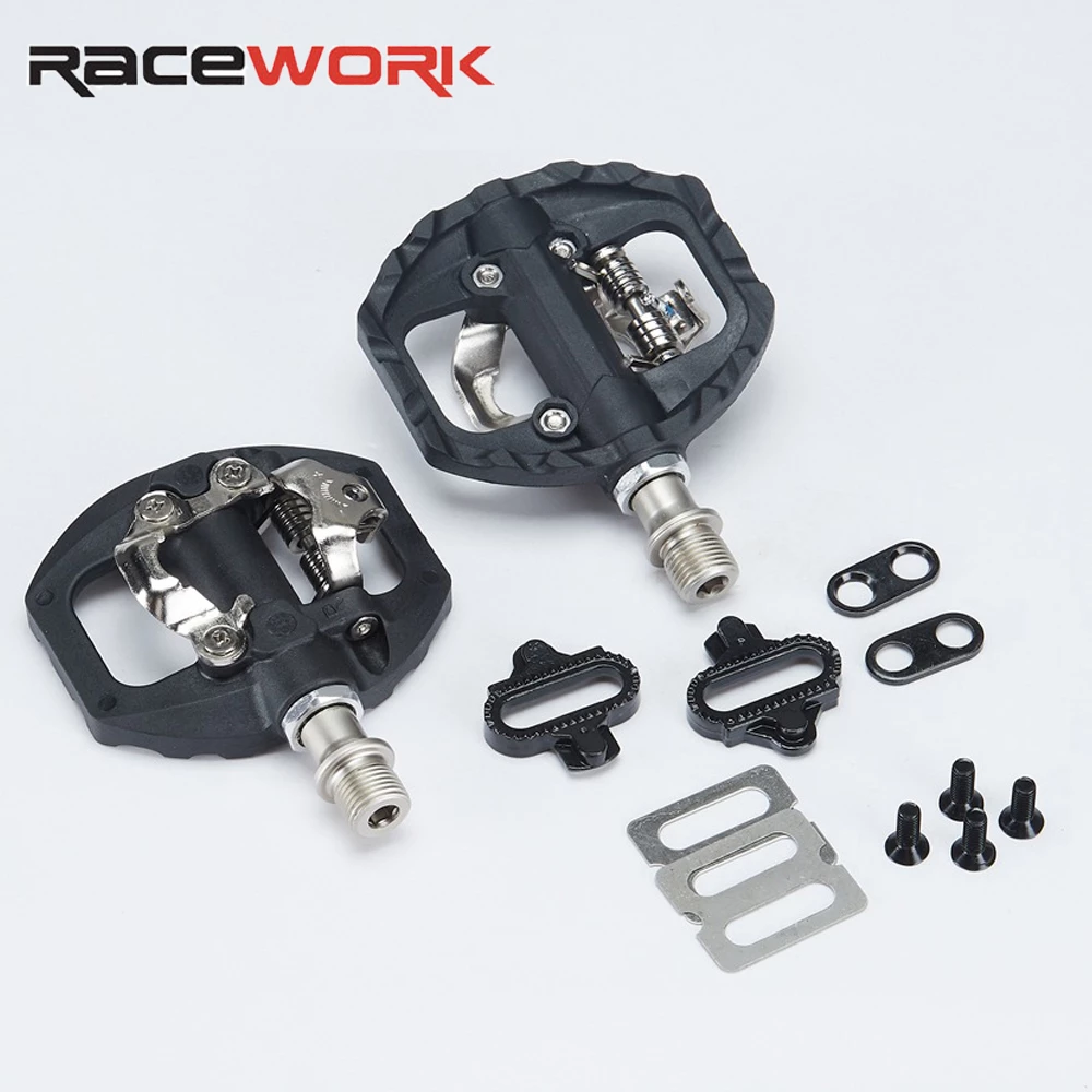 Pedal de bicicleta de montaña RACEWORK SPD-A530 Pedal de bloqueo antideslizante 2 en 1 con tacos SH51 Pedal de bloqueo de bicicleta MTB y Pedal plano de carretera: Default Title