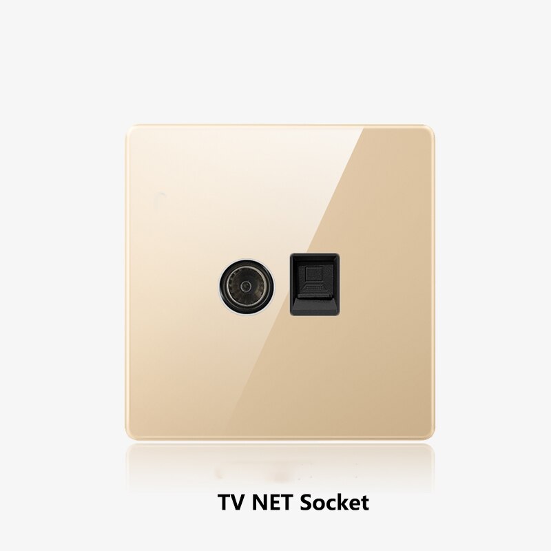 Atlectric wall socket netværk telefon lnterface flammehæmmende guld glaspanel cat 5 rj45 internet stikkontakt dual socket 86mm*86mm: 1 t 1c