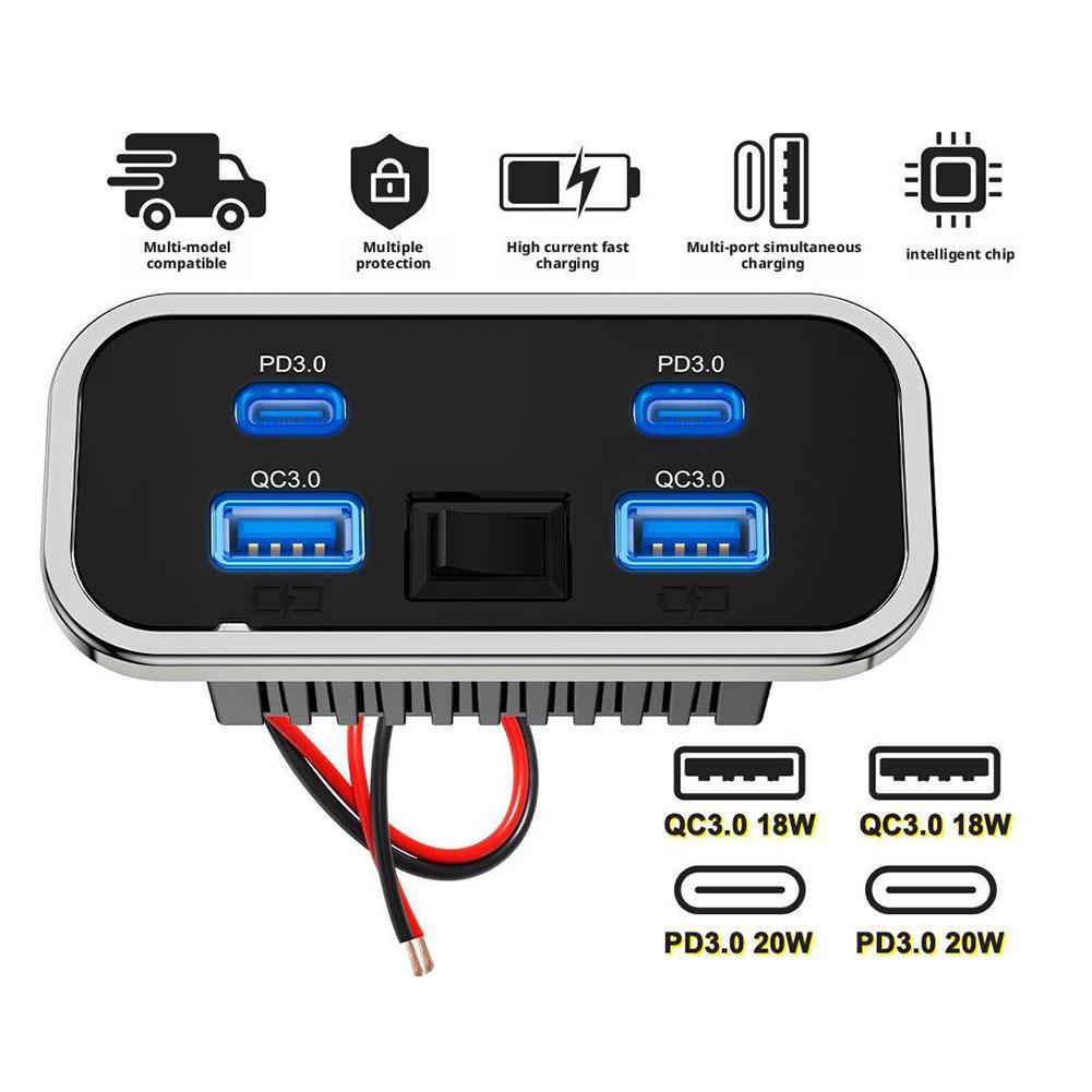 4 porter 12v usb-uttak til bobil 76w doble  pd3.0 type-c hurtiglading dobbel usb for bil buss bobil billader med knappbryter