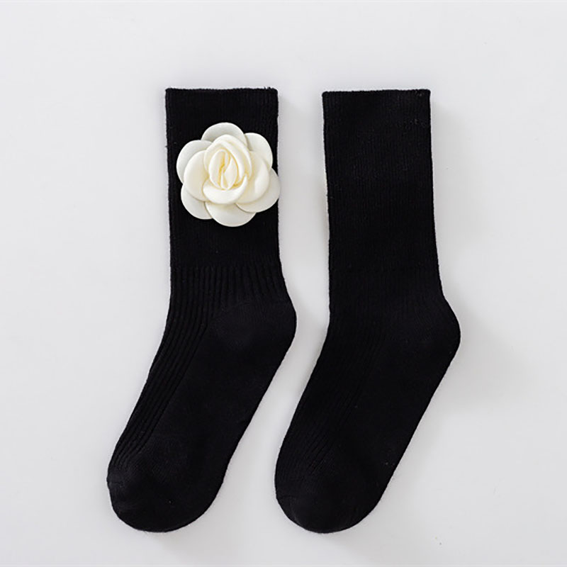 Calzini tubolari a strisce di fiori di moda coreana principessa divertente ginocchio di cotone nero abiti lunghi alti per ragazze roba economica per bambini: Camellia / 4-6 years old