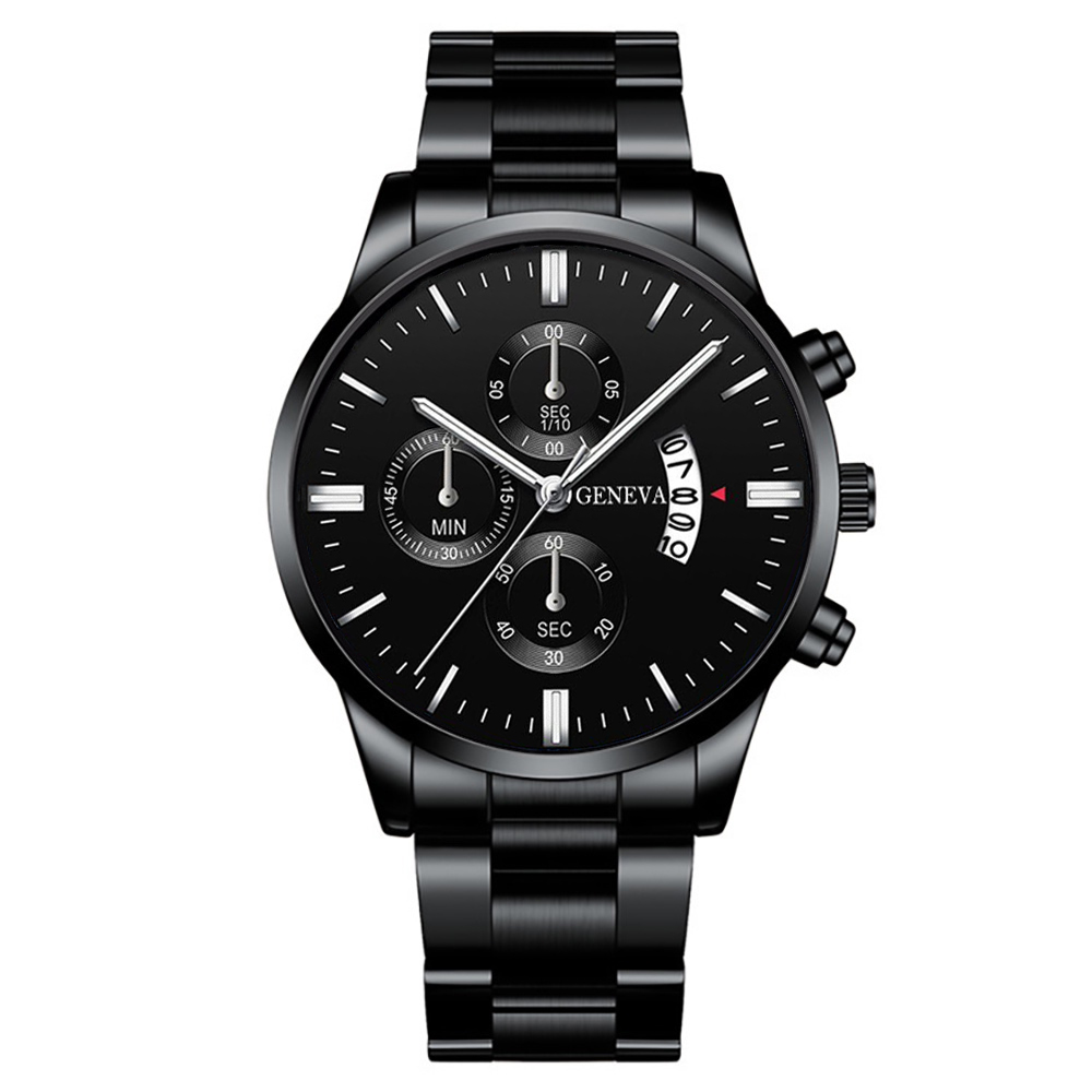 3 unids/set de reloj de pulsera de acero inoxidable a la para hombre, reloj de cuarzo con calendario informal, conjunto de joyería (sin caja)