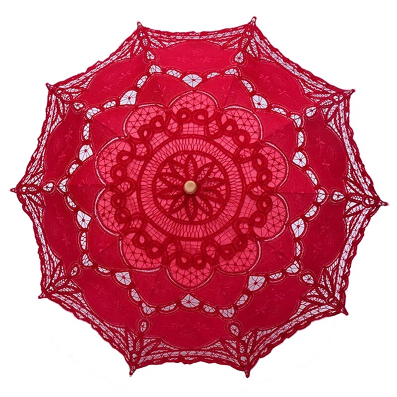 Kant Bruids Paraplu Parasol Zwart Rood Wit Katoen Zonnescherm Voor Bruid Houten Handvat Bruiloft Decoratie Paraplu